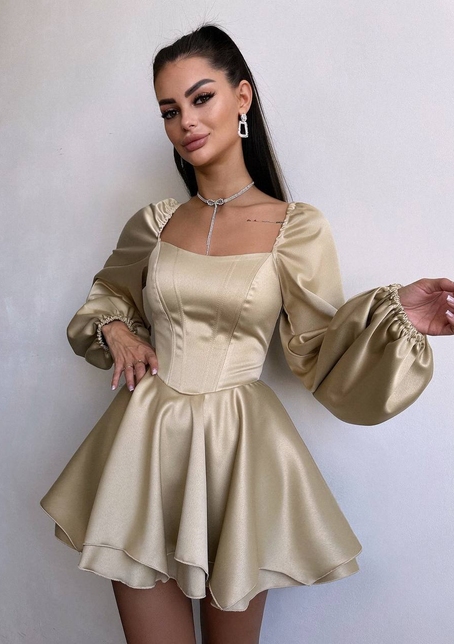 Атласна корсетна сукня з пишною подвійною спідницею та об‘ємними рукавами | PUSHKA SHOP