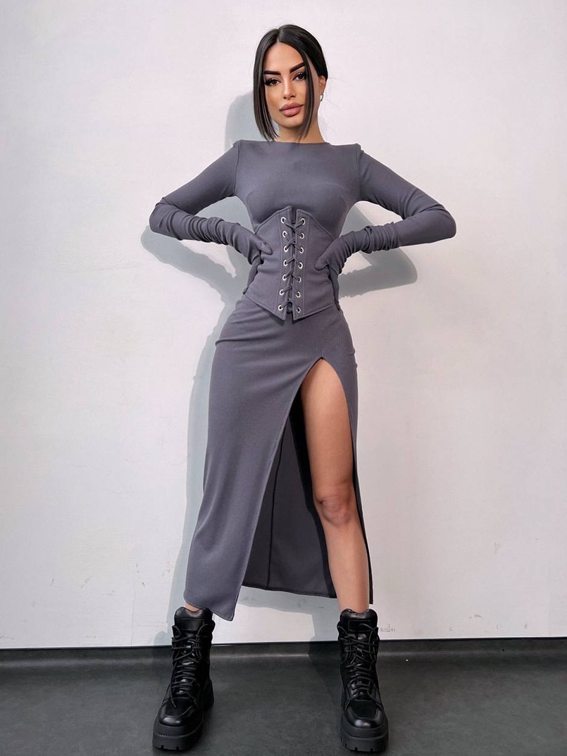 Комплект: трикотажне плаття- міді + корсет + рукавички Комплект: трикотажне плаття- міді + корсет + рукавички | PUSHKA SHOP