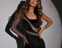 Оксамитовий комбінезон із сіткою зі стразами  | PUSHKA SHOP