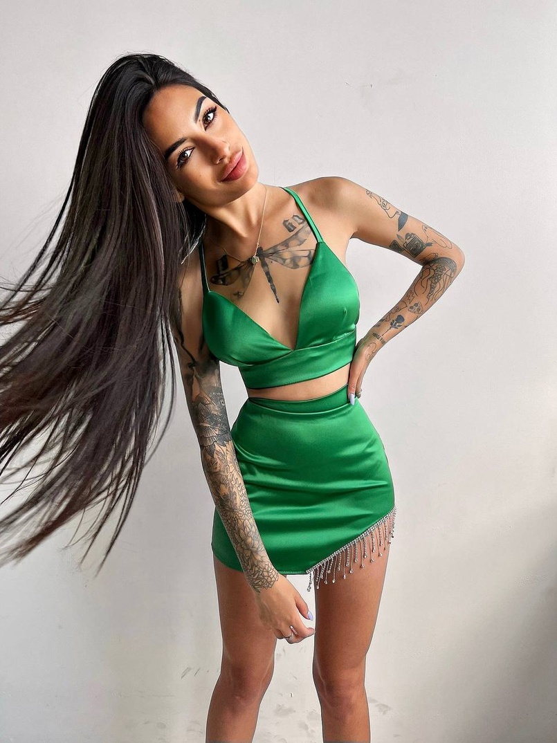 Комплект: топ с чашечками + юбка, декорированным бахромой из страз  | PUSHKA SHOP