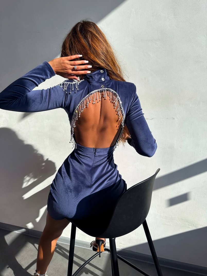 Оксамитова сукня з відкритою спинкою, декорована бахромою зі страз | PUSHKA SHOP