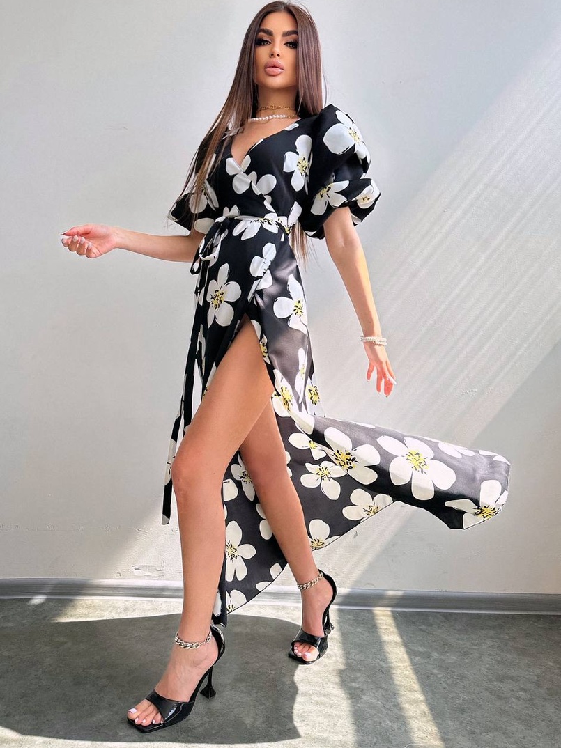 Сукня міді  із запахом та об'ємними рукавами Сукня міді  із запахом та об'ємними рукавами | PUSHKA SHOP