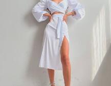 Шелковый комплект: топ с завязками на талии + юбка миди с разрезом  Шелковый комплект: топ с завязками на талии + юбка миди с разрезом  | PUSHKA SHOP