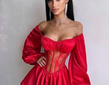 Атласна сукня з обʼємними рукавами та мереживом Атласна сукня з обʼємними рукавами та мереживом | PUSHKA SHOP