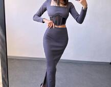 Трикотажний комплект: топ з елементами корсету та спідниця з розрізами  | PUSHKA SHOP