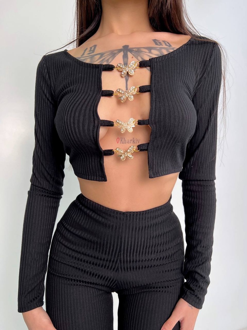 Комплект : штани кльош і топ , декорований метеликами  Комплект : штани кльош і топ , декорований метеликами  | PUSHKA SHOP