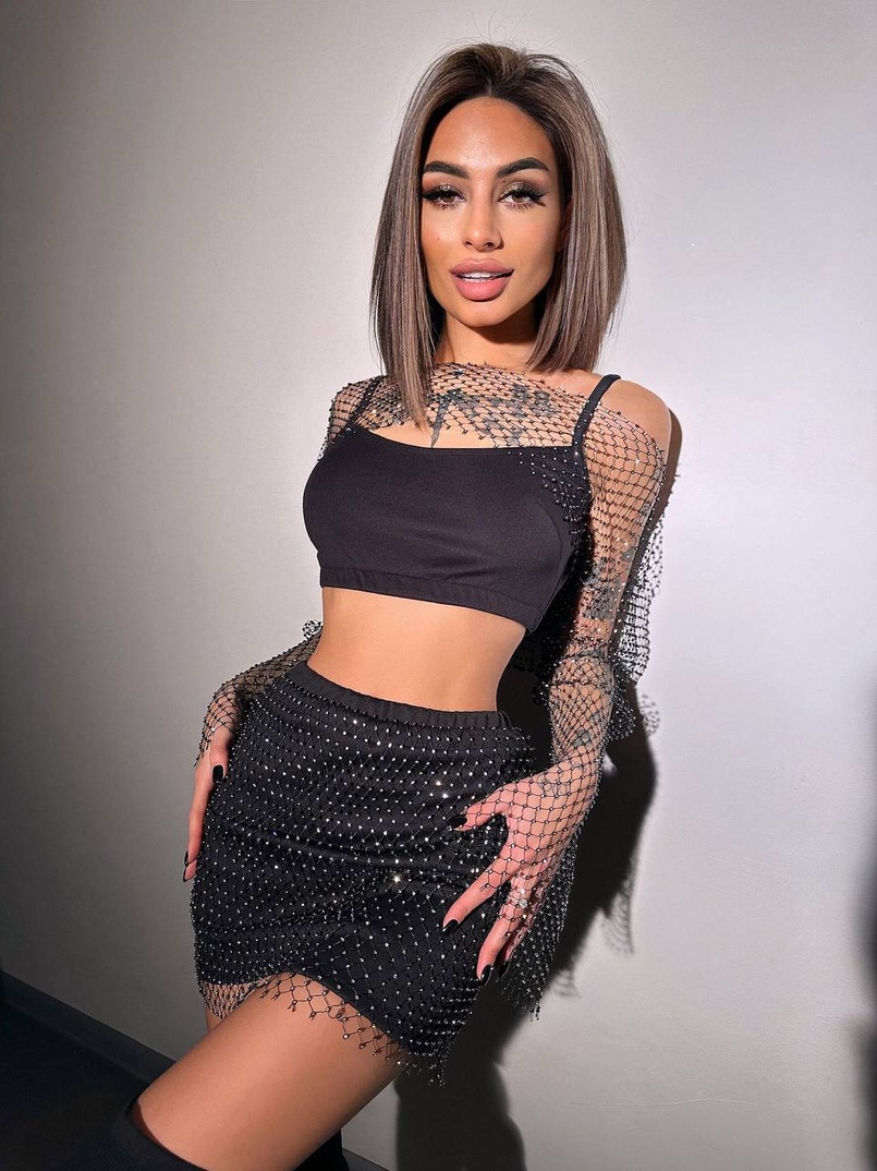 Комплект: топ + спідниця із сіткою зі стразами  | PUSHKA SHOP