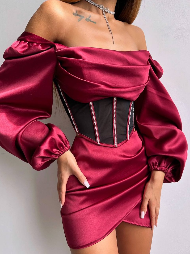 Комплект: корсет, декорований стразами   + спідниця міні з драпіруванням  Комплект: корсет, декорований стразами   + спідниця міні з драпіруванням  | PUSHKA SHOP