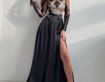 Платье макси с кружевным верхом и разрезом на юбке  | PUSHKA SHOP