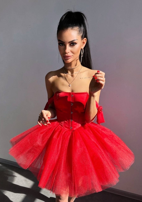 Атласна корсетна сукня міні з гачками та пишною фатиновою спідницею  | PUSHKA SHOP