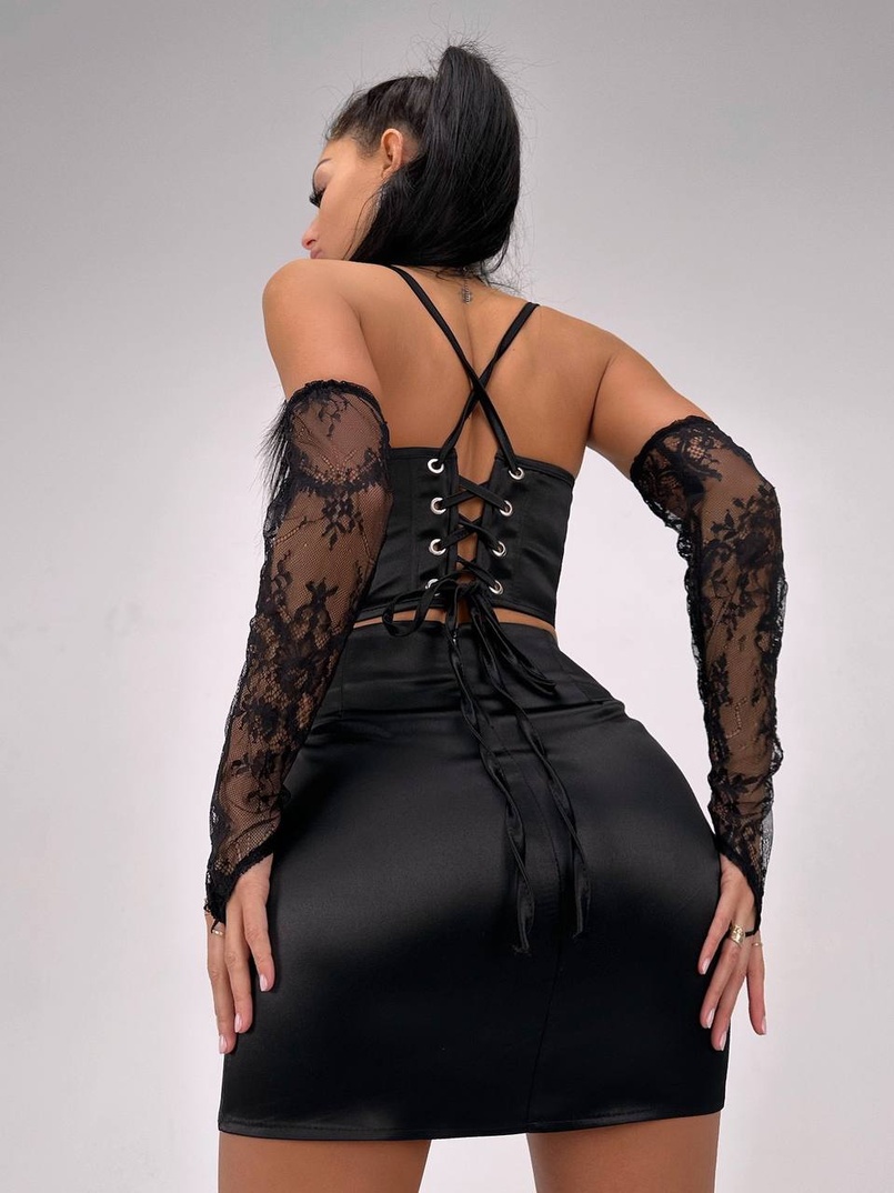 Комплект: корсет, декорований мереживом   + рукавички+ спідниця міні з драпіруванням   Комплект: корсет, декорований мереживом   + рукавички+ спідниця міні з драпіруванням   | PUSHKA SHOP