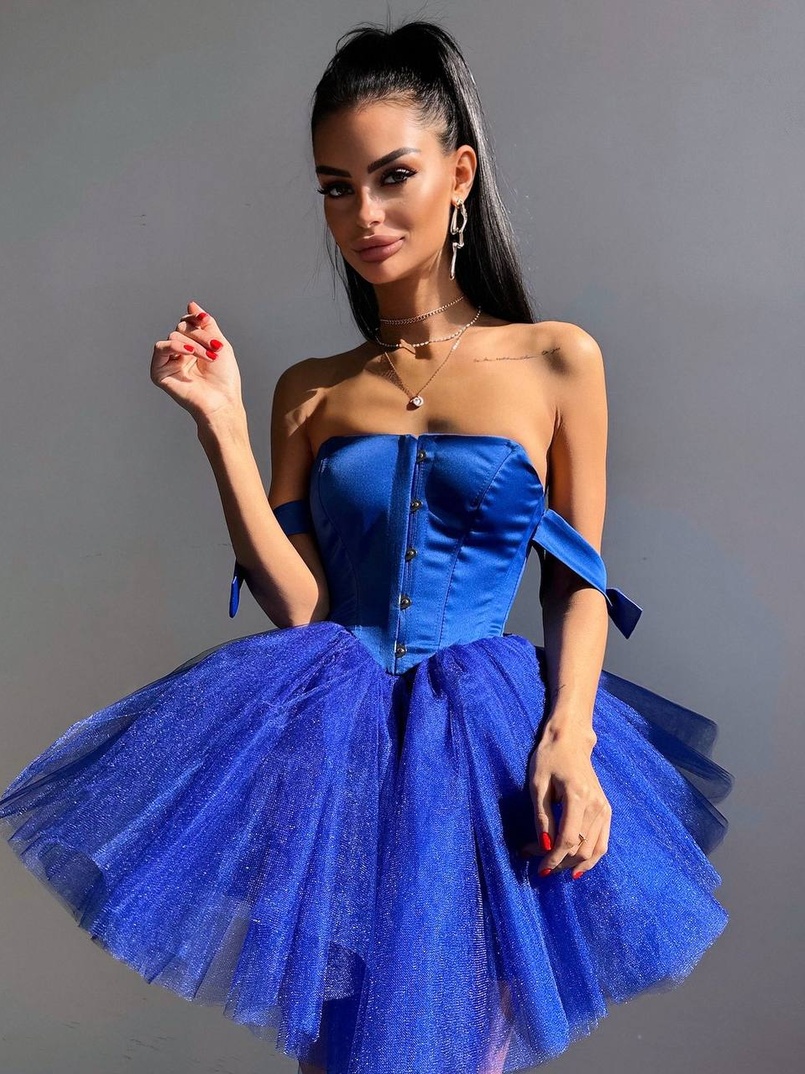 Атласна корсетна сукня міні з гачками та пишною фатиновою спідницею  | PUSHKA SHOP