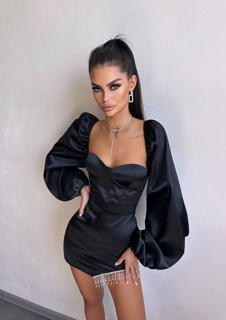 Атласний  комплект: корсет + спідниця декорована бахромою зі страз | PUSHKA SHOP