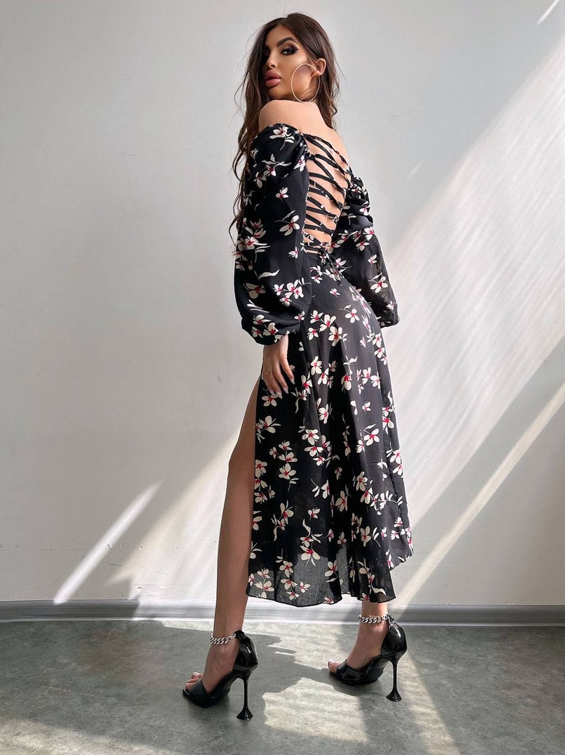 Сукня -міді зі шнурівкою на спинці та розрізом на ніжці Сукня -міді зі шнурівкою на спинці та розрізом на ніжці | PUSHKA SHOP