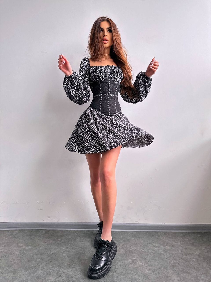 Сукня міні в квітковий принт + прозорий корсет  Сукня міні в квітковий принт + прозорий корсет  | PUSHKA SHOP