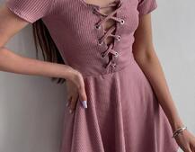 Трикотажное платье-мини со шнуровкой на груди  Трикотажное платье-мини со шнуровкой на груди  | PUSHKA SHOP