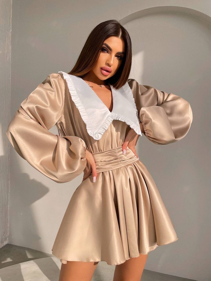 Сукня з коміром та об'ємними рукавами з широким поясом Сукня з коміром та об'ємними рукавами з широким поясом | PUSHKA SHOP