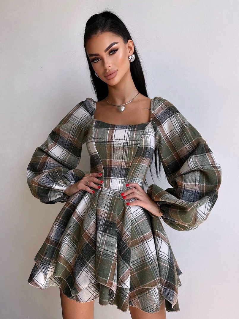 Корсетна сукня з подвійною спідницею та обʼємними рукавами у клітинку  Корсетна сукня з подвійною спідницею та обʼємними рукавами у клітинку  | PUSHKA SHOP