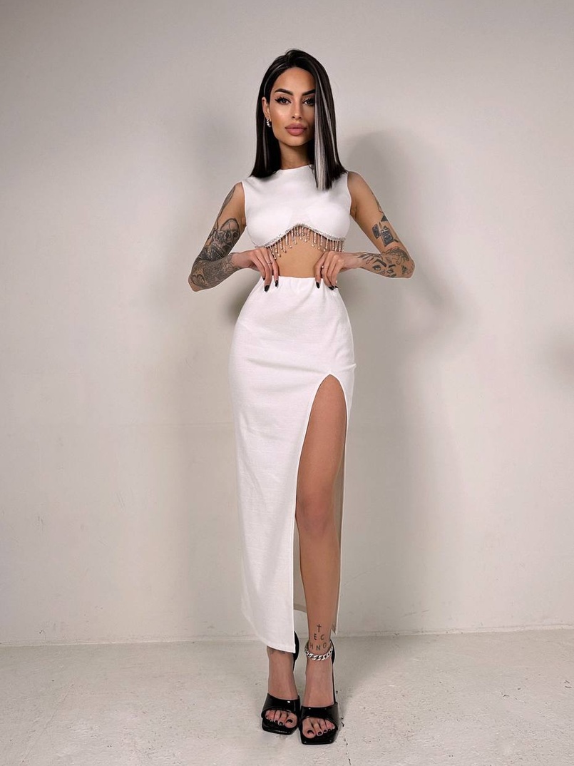 Комплект: топ з бахромою зі страз та спідниця з розрізом  | PUSHKA SHOP