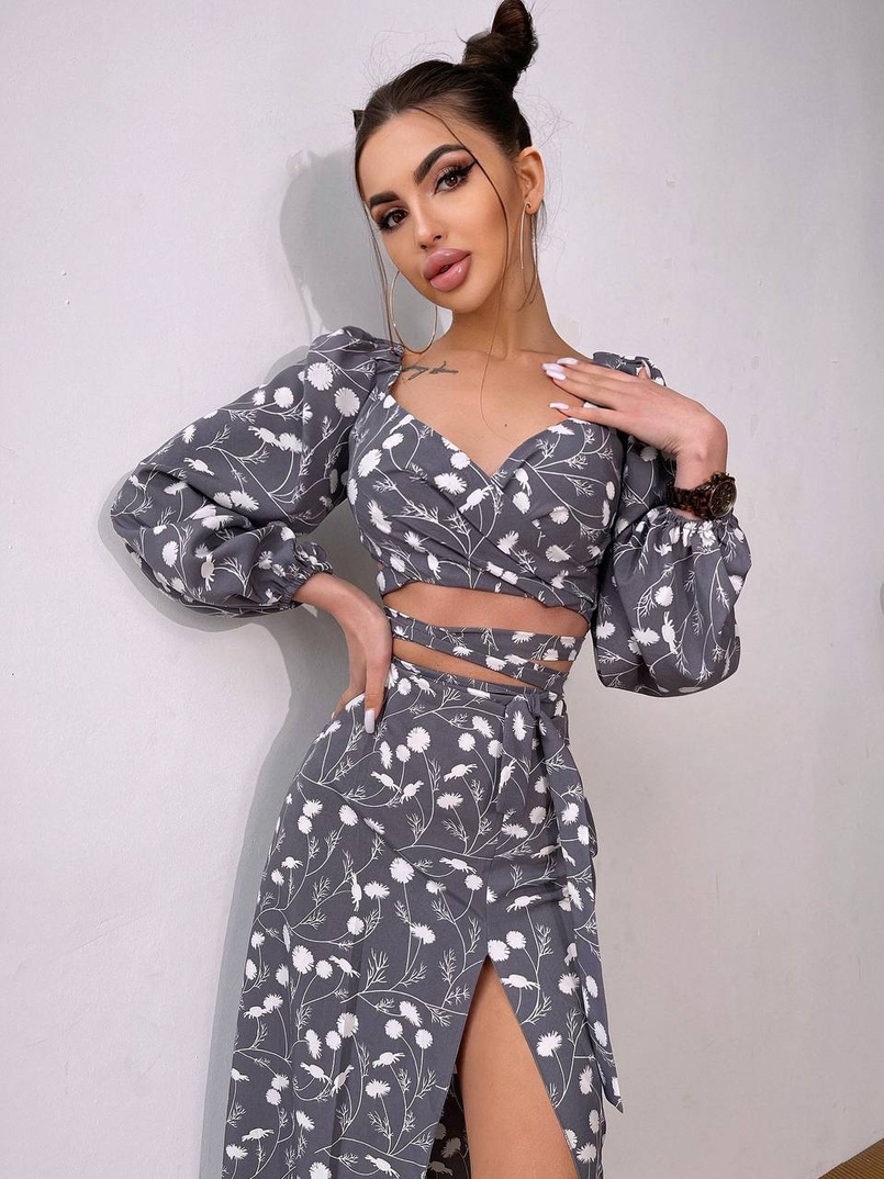 Комплект: топ із зав'язками на талії + спідниця міді з розрізом | PUSHKA SHOP