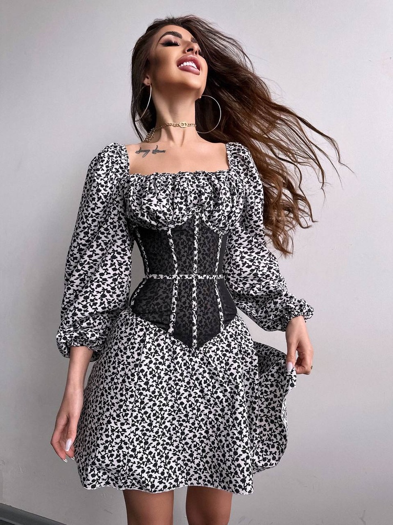 Сукня міні в квітковий принт + прозорий корсет  | PUSHKA SHOP