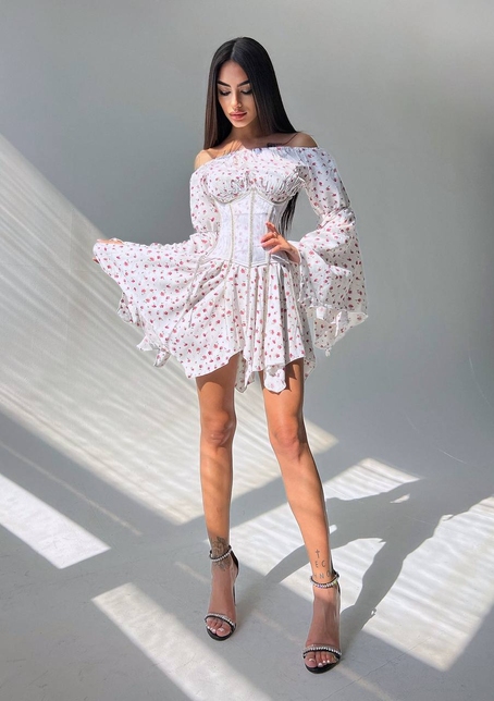 Сукня асиметричного крою з розкльошеними рукавами + корсет декорований стразами Ручна робота | PUSHKA SHOP