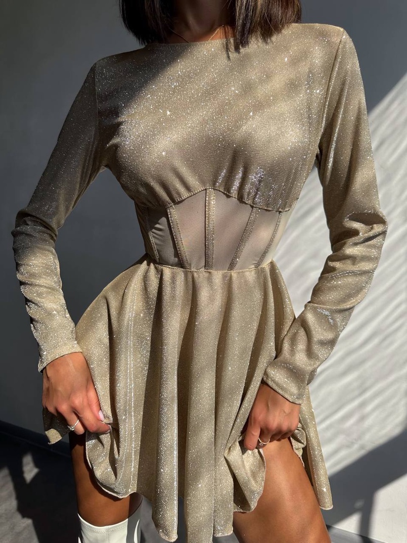 Приталена блискуча сукня з корсетною вставкою та пишною спідницею-сонцем | PUSHKA SHOP