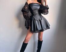 Корсетна сукня з еко-шкіри з мереживними рукавами Корсетна сукня з еко-шкіри з мереживними рукавами | PUSHKA SHOP