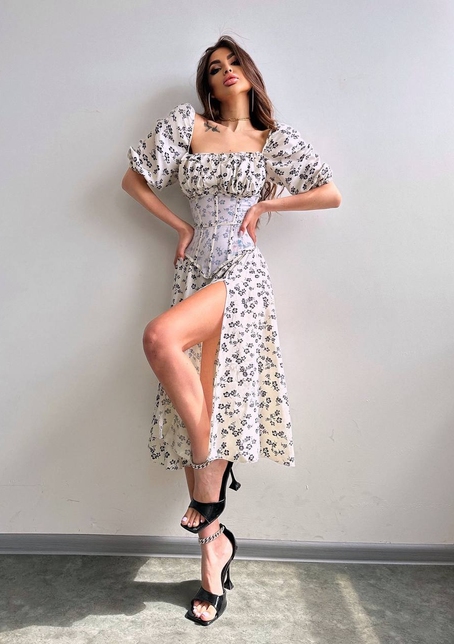 Сукня міді з розрізом в квітковий принт + прозорий корсет  | PUSHKA SHOP
