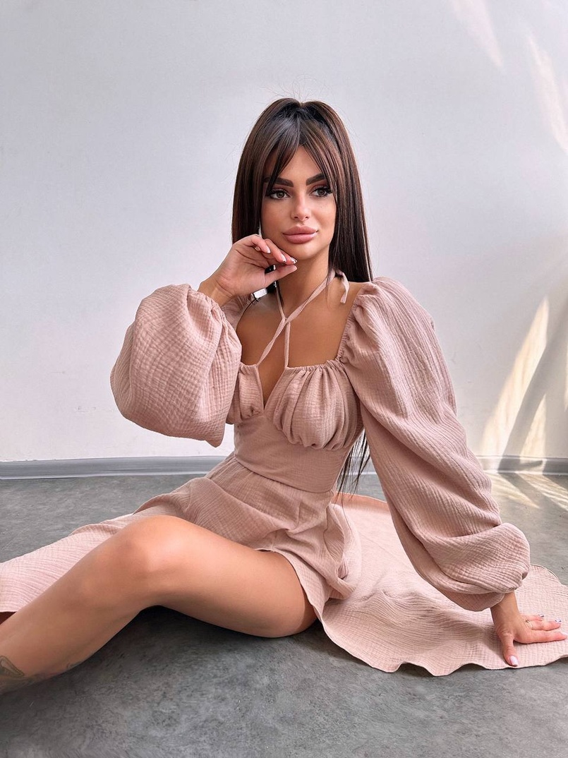 Муслінова сукня -міді з розрізом на ніжці  | PUSHKA SHOP