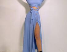 Трикотажный комплект: юбка  миди с разрезом + топ с завязками на талии  Трикотажный комплект: юбка  миди с разрезом + топ с завязками на талии  | PUSHKA SHOP