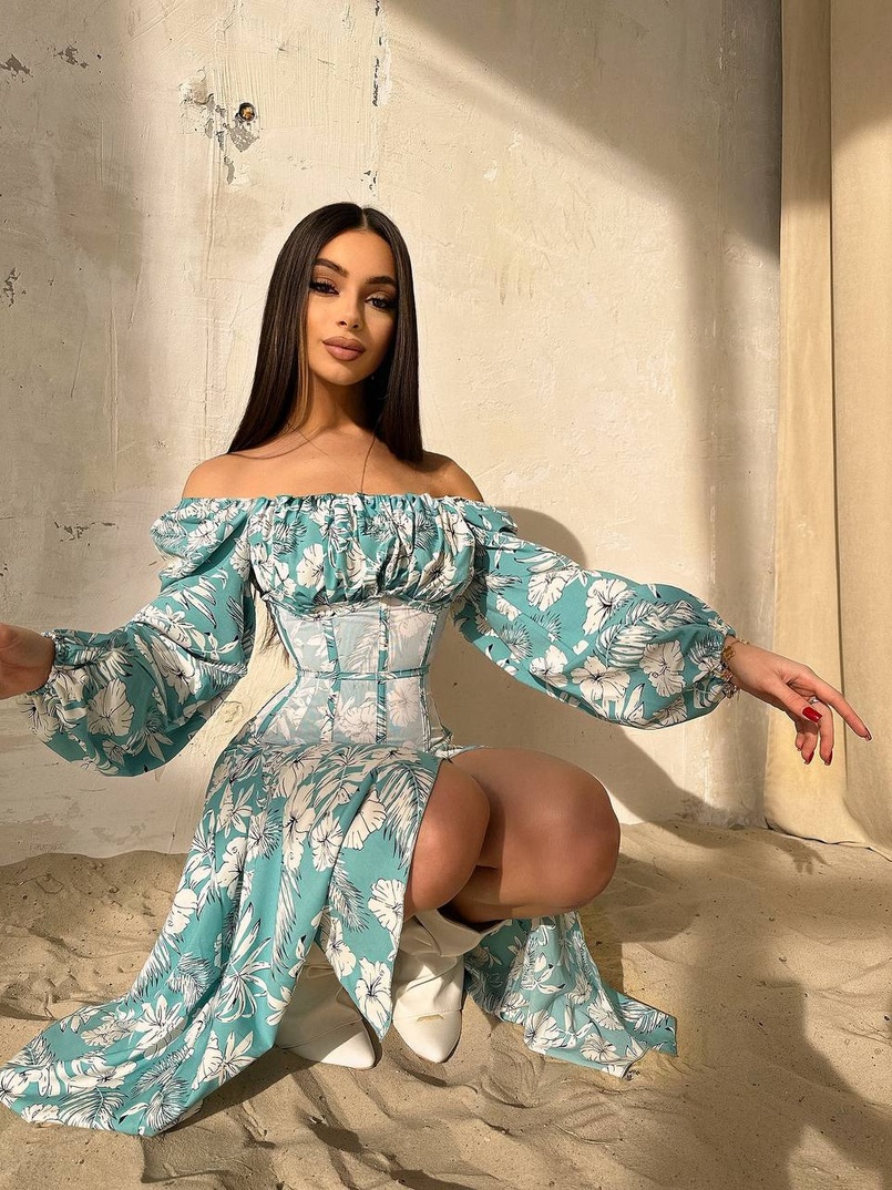 Сукня міді з розрізом в квітковий принт + прозорий корсет  Сукня міді з розрізом в квітковий принт + прозорий корсет  | PUSHKA SHOP