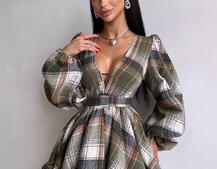 Сукня з подвійною спідницею та обʼємними рукавами у клітинку  Сукня з подвійною спідницею та обʼємними рукавами у клітинку  | PUSHKA SHOP