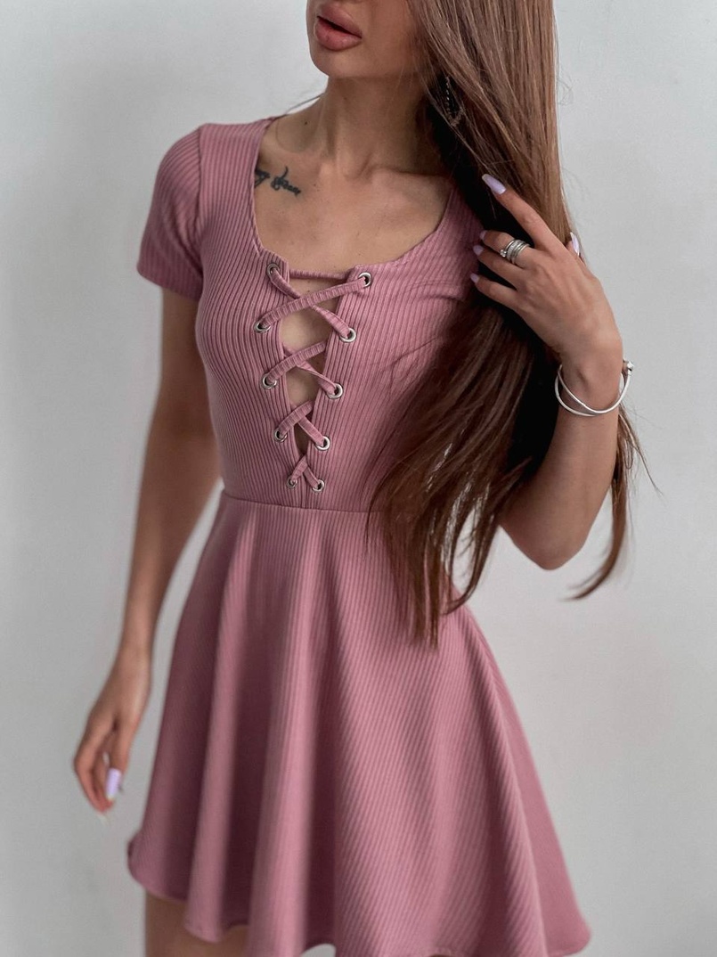 Трикотажное платье-мини со шнуровкой на груди  Трикотажное платье-мини со шнуровкой на груди  | PUSHKA SHOP
