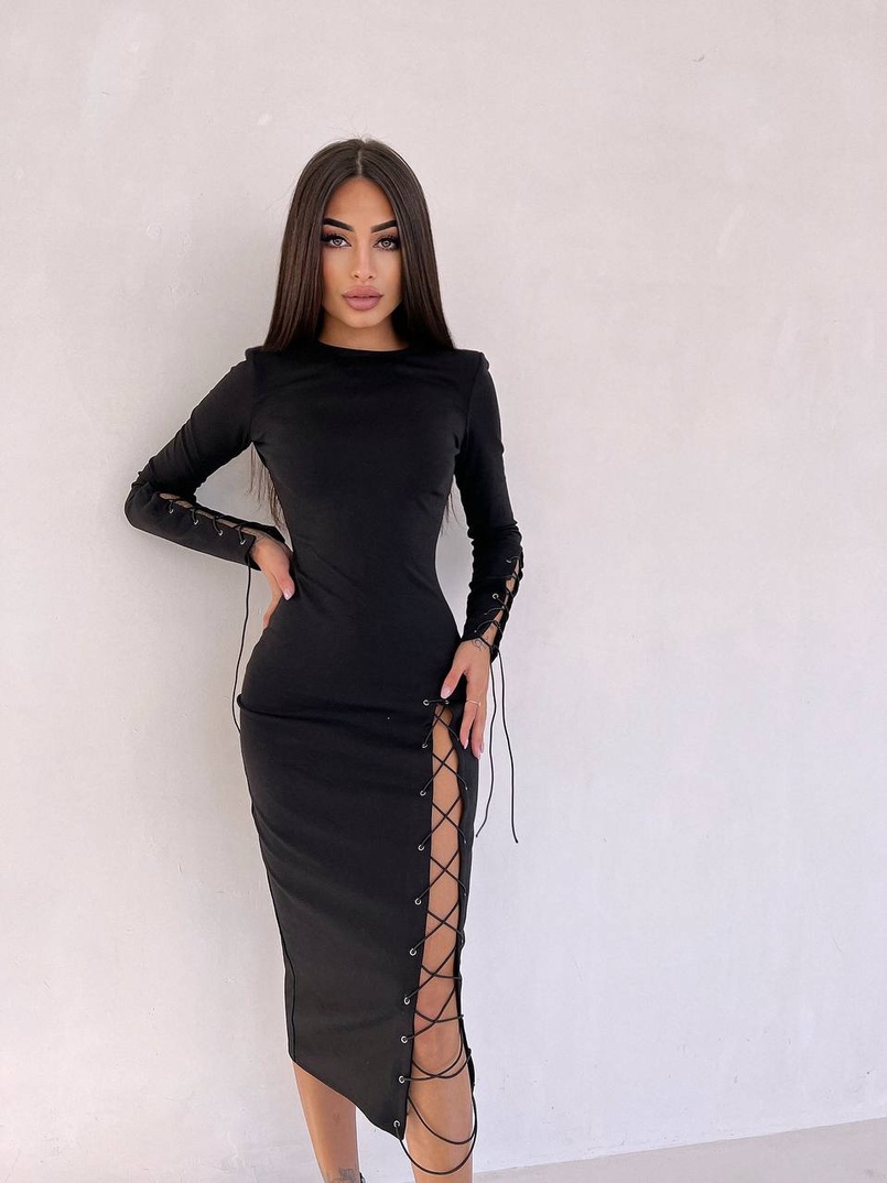 Сукня міді зі шнурівкою на ніжці та на рукавах | PUSHKA SHOP