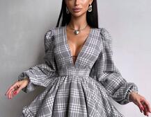 Сукня з подвійною спідницею та обʼємними рукавами у клітинку  Сукня з подвійною спідницею та обʼємними рукавами у клітинку  | PUSHKA SHOP