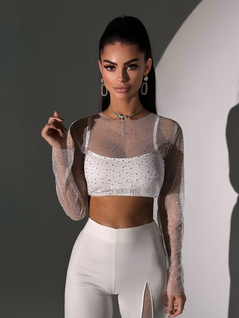 Комплект: топ + штани із сіткою зі стразами  Комплект: топ + штани із сіткою зі стразами  | PUSHKA SHOP