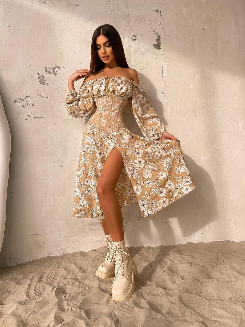 Сукня міді з розрізом в квітковий принт + прозорий корсет  | PUSHKA SHOP