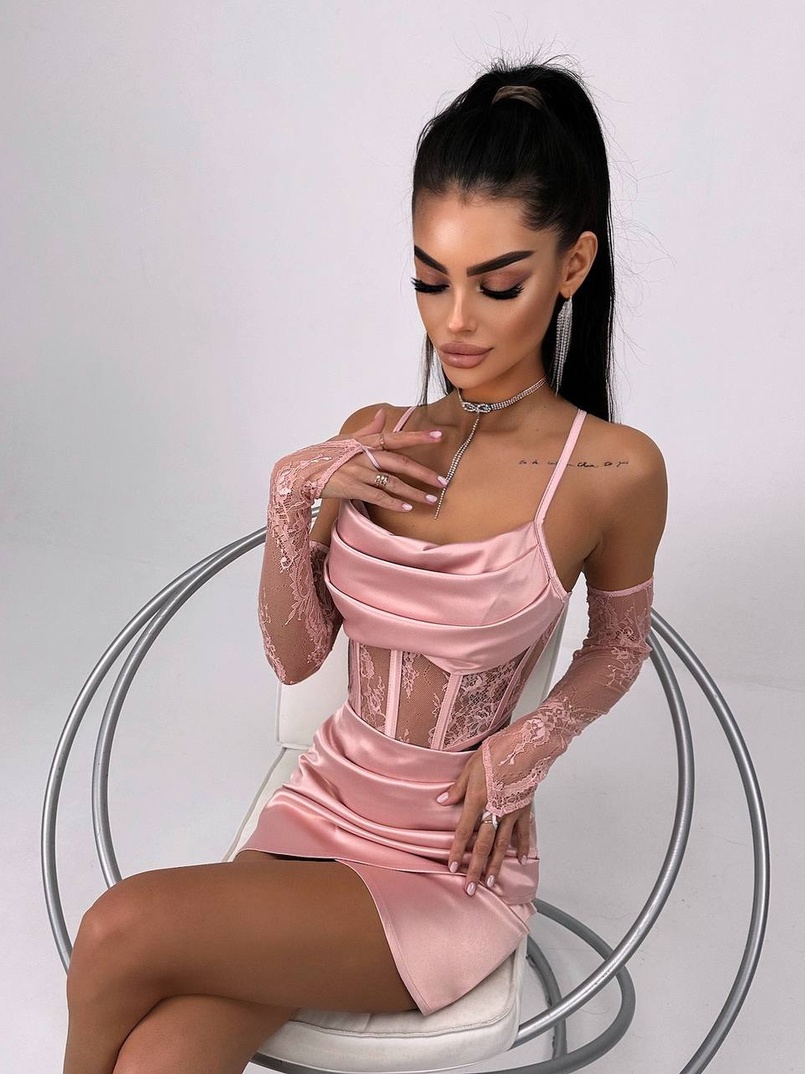 Комплект: корсет, декорований мереживом   + рукавички+ спідниця міні з драпіруванням   Комплект: корсет, декорований мереживом   + рукавички+ спідниця міні з драпіруванням   | PUSHKA SHOP