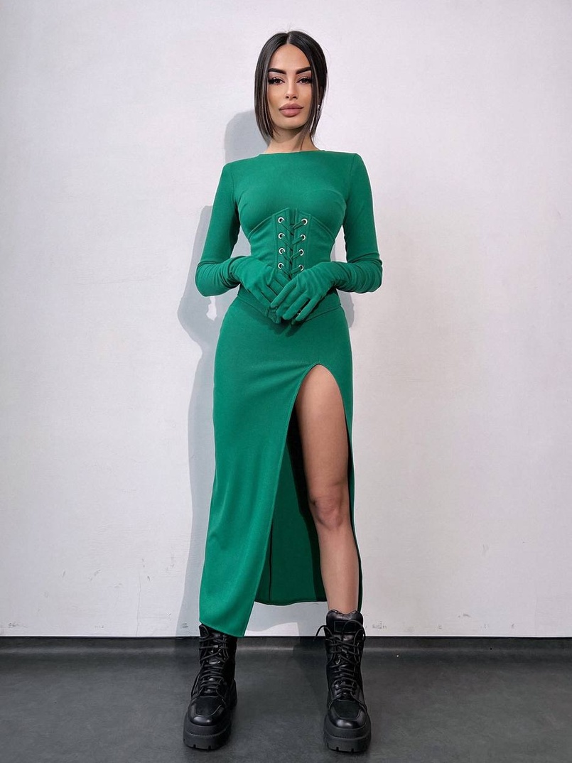 Комплект: трикотажне плаття- міді + корсет + рукавички Комплект: трикотажне плаття- міді + корсет + рукавички | PUSHKA SHOP