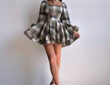 Корсетна сукня з подвійною спідницею та обʼємними рукавами у клітинку  Корсетна сукня з подвійною спідницею та обʼємними рукавами у клітинку  | PUSHKA SHOP