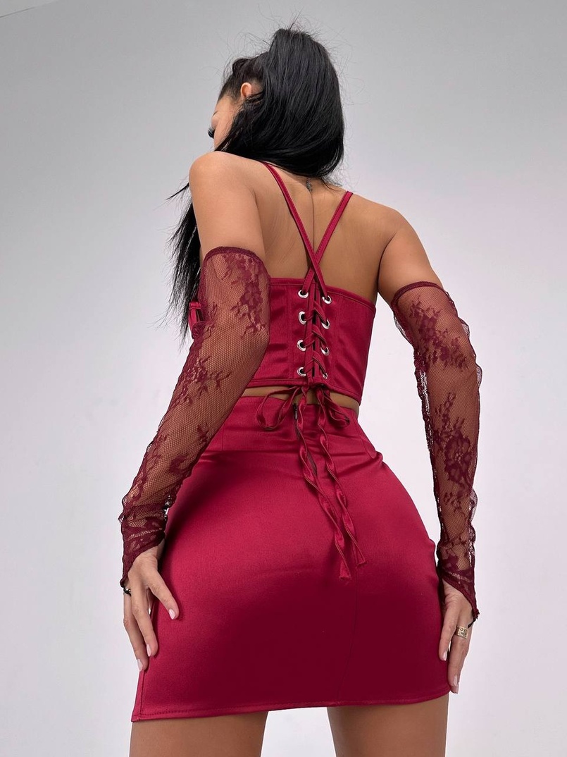 Комплект: корсет, декорований мереживом   + рукавички+ спідниця міні з драпіруванням   Комплект: корсет, декорований мереживом   + рукавички+ спідниця міні з драпіруванням   | PUSHKA SHOP