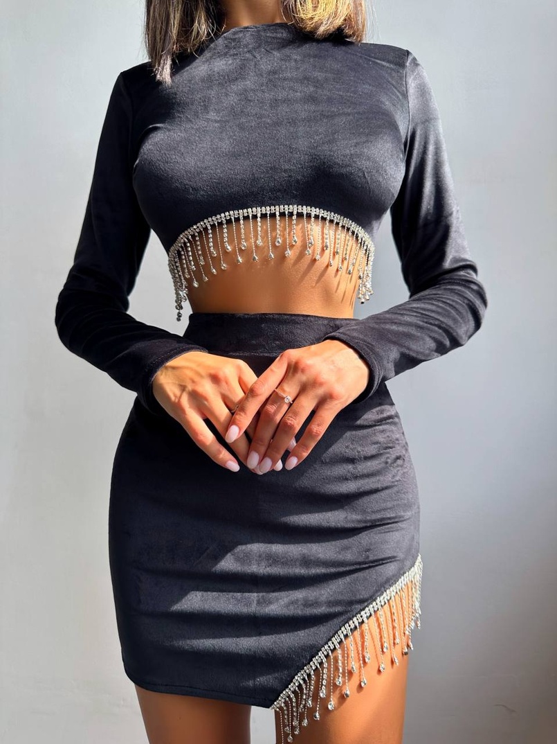 Оксамитовий комплект, декорований бахромою зі страз Оксамитовий комплект, декорований бахромою зі страз | PUSHKA SHOP