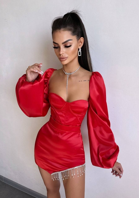 Атласний  комплект: корсет + спідниця декорована бахромою зі страз | PUSHKA SHOP