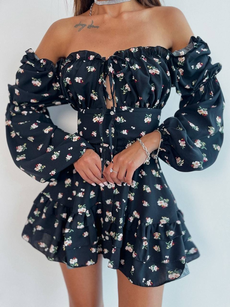 Сукня з квітковим принтом з воланами на ґудзиках  | PUSHKA SHOP