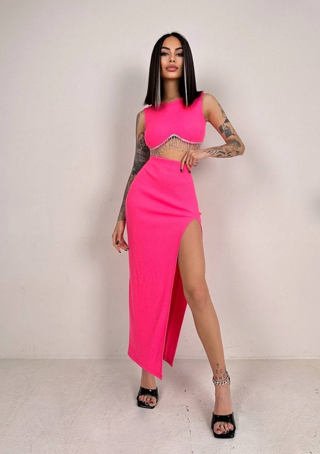 Комплект: топ з бахромою зі страз та спідниця з розрізом  | PUSHKA SHOP