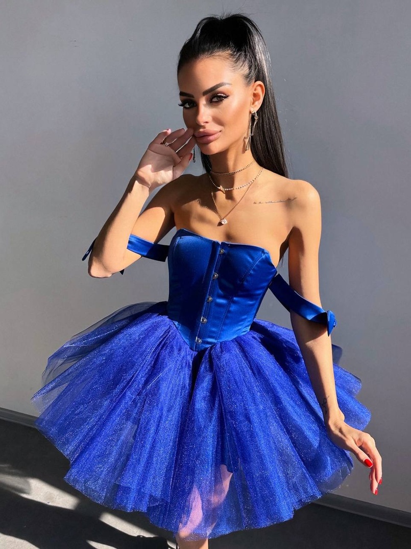 Атласна корсетна сукня міні з гачками та пишною фатиновою спідницею  | PUSHKA SHOP