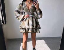 Сукня з подвійною спідницею та обʼємними рукавами у клітинку  Сукня з подвійною спідницею та обʼємними рукавами у клітинку  | PUSHKA SHOP