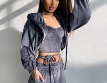 Велюровий комплект трійка: кофта + корсет з чашечками + джогери  Велюровий комплект трійка: кофта + корсет з чашечками + джогери  | PUSHKA SHOP