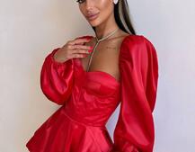 Атласна корсетна сукня бюстьє з пишною подвійною спідницею та об‘ємними рукавами | PUSHKA SHOP